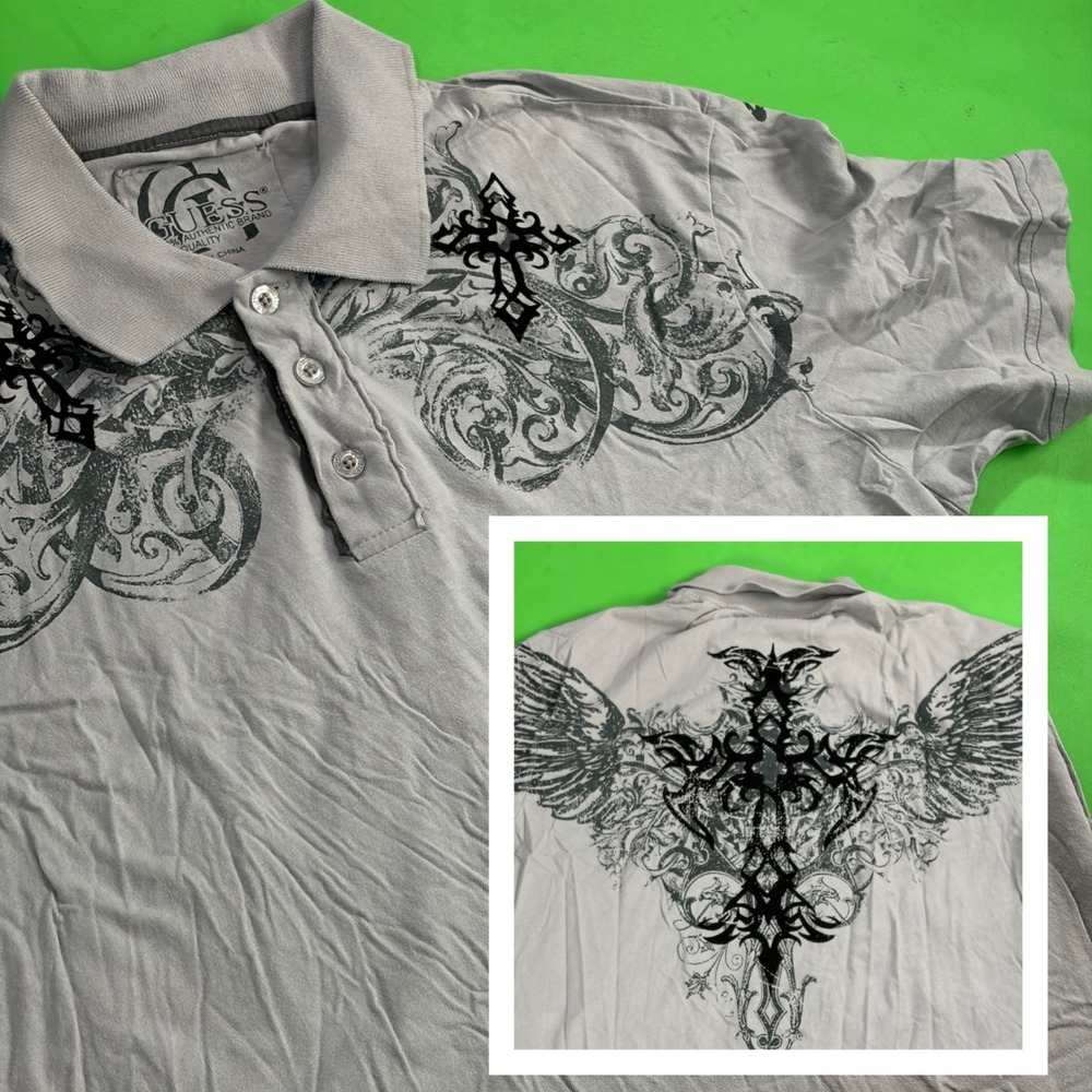Guess Affliction-style Polo Mens XL Gray Cross Double-Sided 100% Cotton Shirt